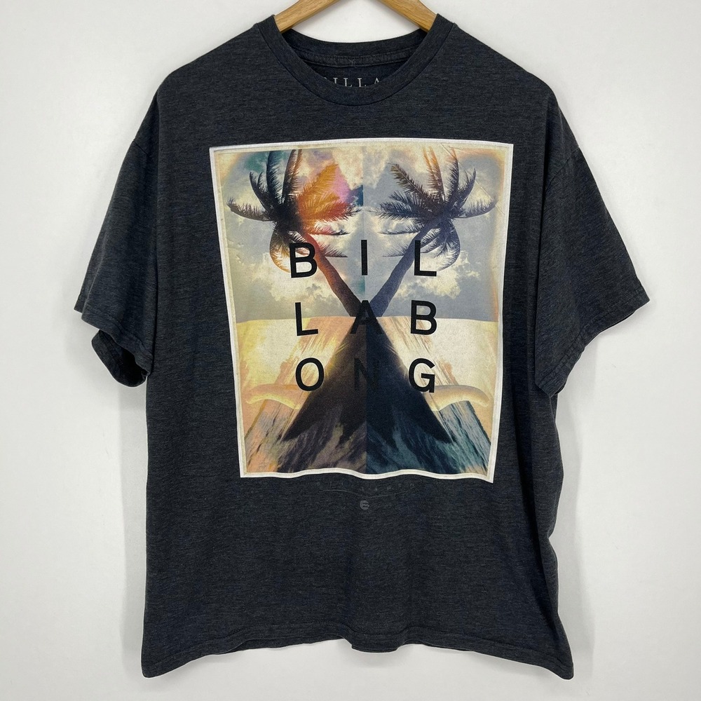 Billabong Mens XL Graphic T-Shirt Charcoal Heather Palm Tree Tropical Surf Tee